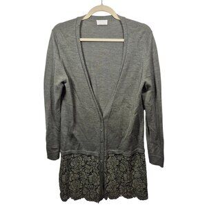 Wrap London Sweater Womens 10 Green Cardigan Floral Lace Trim Merino Wool Long